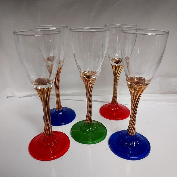 Vintage Cordial Glasses Gold Twisted Stem Red/Blue and Green 5. - Picture 5 of 7